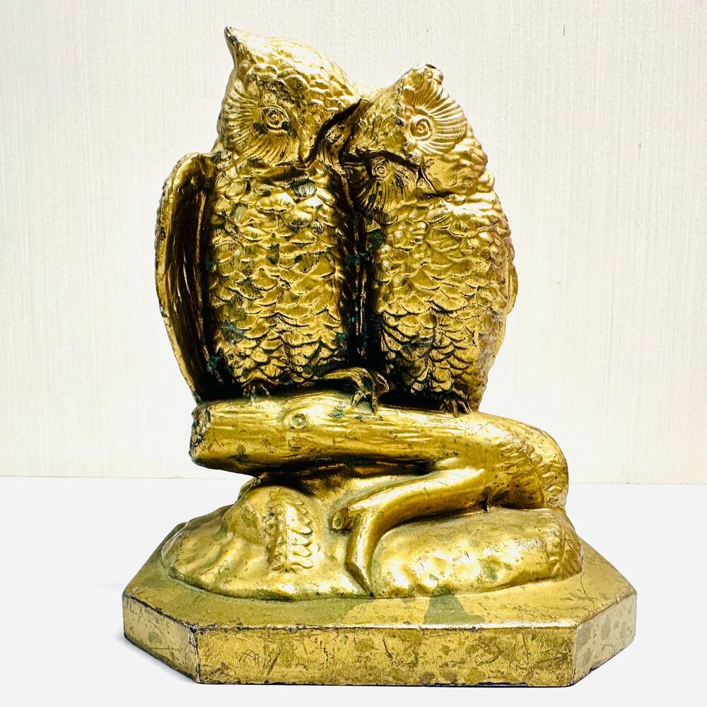 Vintage Bookend Owls Love Birds Branch Metal Gold Toned